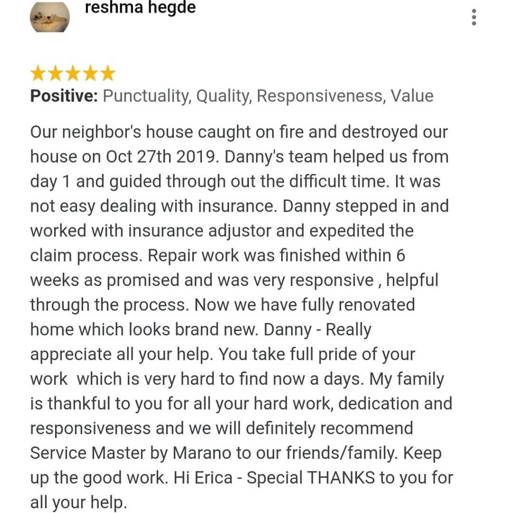 five star customer review after fire damage restoration services